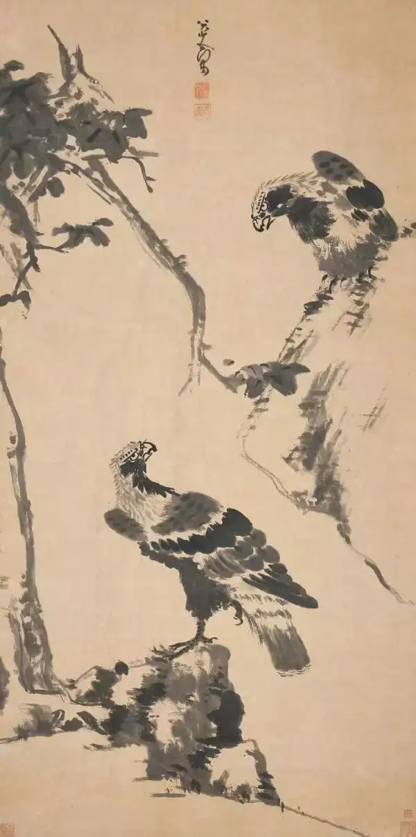 八大山人 拍売会購入 鷹 鏡心 中国古画 肉筆保証 掛軸 唐物 書 明清